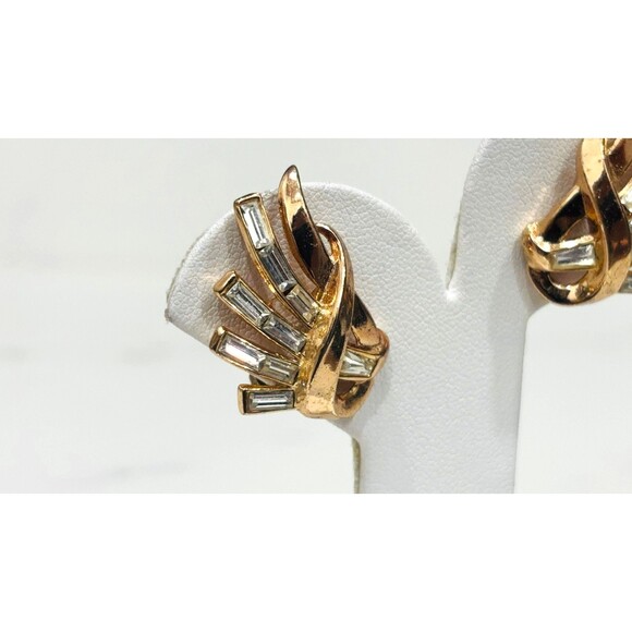 Trifari Vintage Clip On Earrings Alfred Philippe Ribbon Fan Rhinestone - Picture 3 of 12
